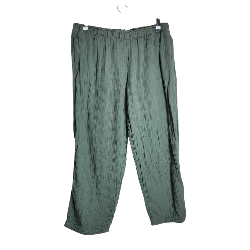 Coldwater Creek Sage Green Cotton Gauze Pull On Pants XL Relaxed Straight Leg